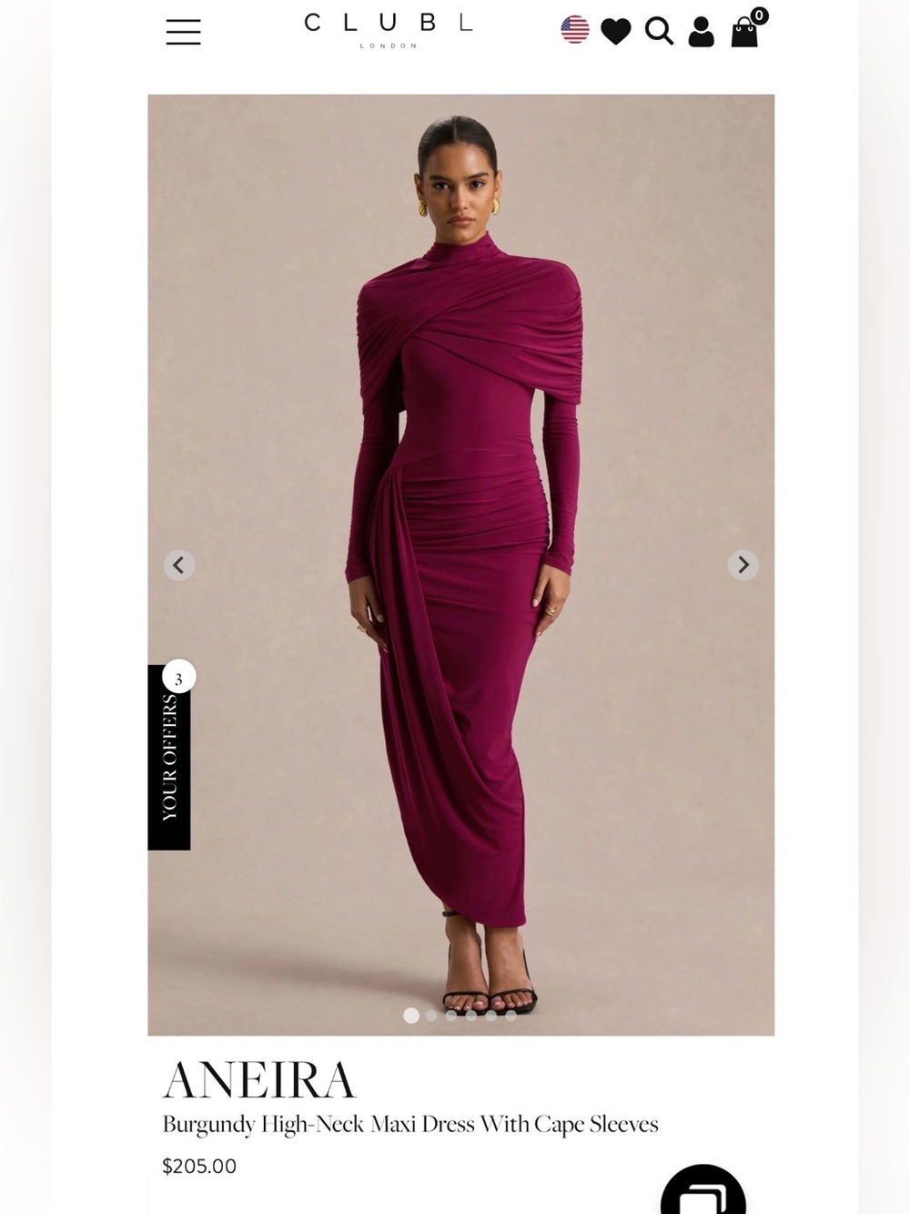 Aneira Burgundy High-Neck Maxi Dress with Draped Cape Detail